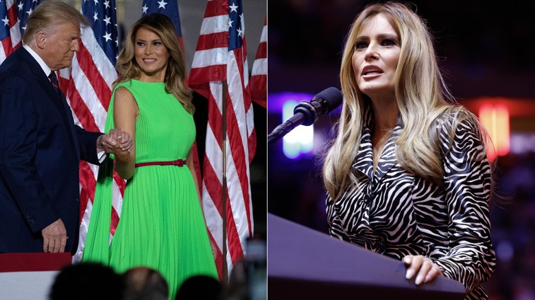 Side-by-side of Melania Trump in an electric-green dress and a zebra-print Michael Kors jacket.