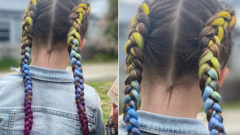 Brightly colored rainbow Dutch braids