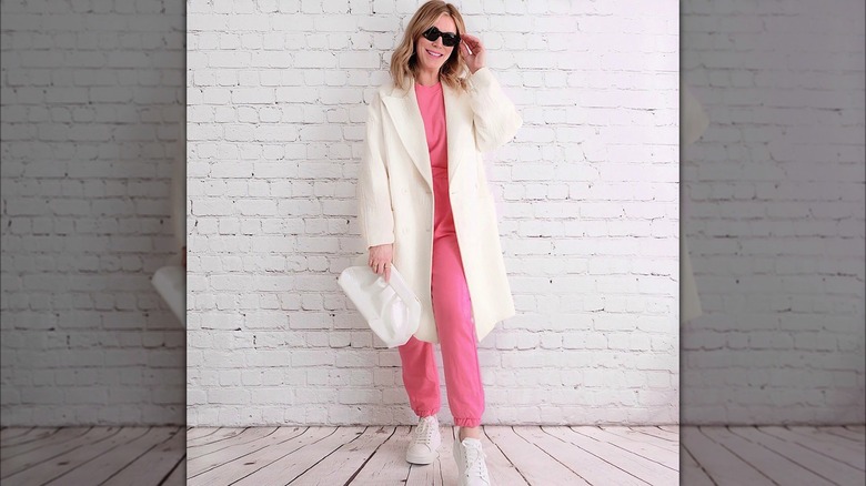 Pink sweatsuit with white jacket