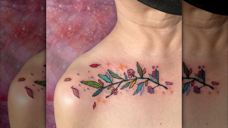 colorful floral collarbone tattoo