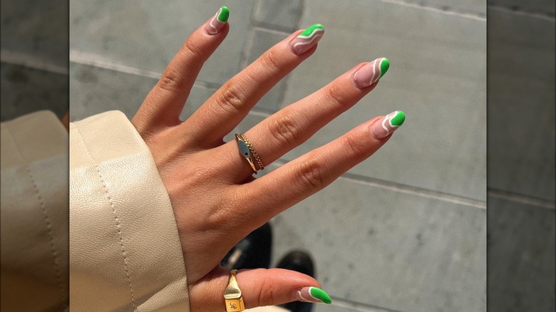 Green squiggly French manicure