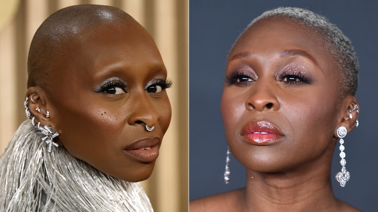 Side-by-side of Cynthia Erivo on the red carpet with and without eyebrows.