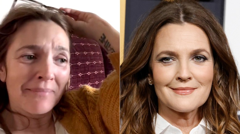 Side-by-side of Drew Barrymore at home without cosmetics and wearing makeup on the red carpet.