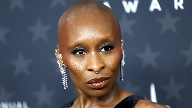 Cynthia Erivo on the red carpet with shaved eyebrows.