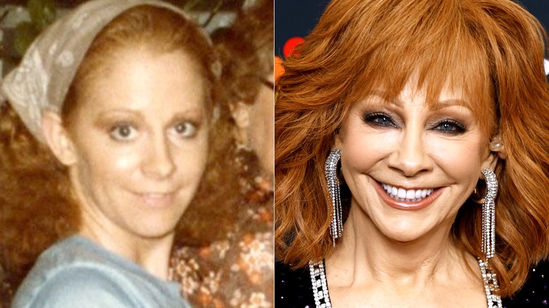 Side-by-side of Reba McEntire without makeup and made up for a TV appearance.