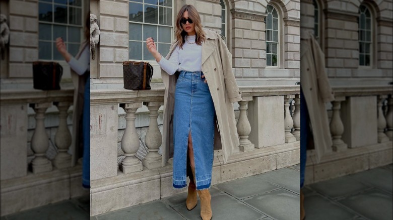 Woman in denim skirt and turtleneck 