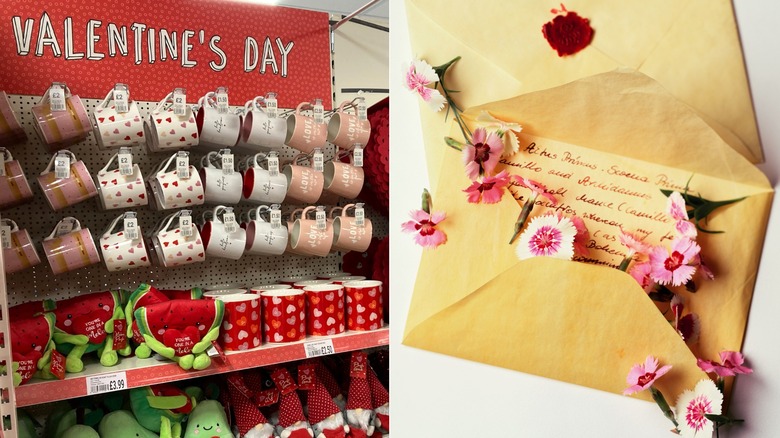 Side-by-side of a display of Valentine's merchandise and a handwritten love letter.