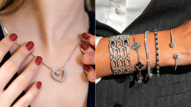 Side-by-side of a heart-shaped necklace and a selection of sparkly bracelets.