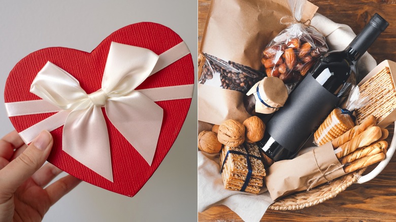 Side-by-side of a hand holding a heart-shaped chocolate box and a basket full of wine and snacks.