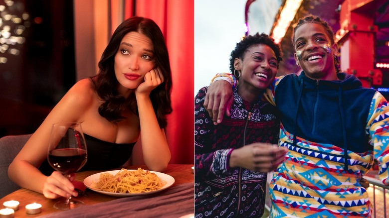 Side-by-side of a woman looking bored at a romantic dinner and a happy couple enjoying a carnival.