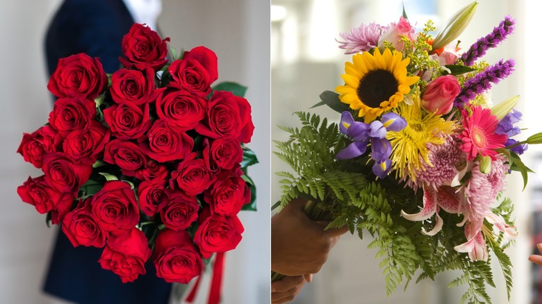 Side-by-side of red roses and a colorful bouquet of various flowers.