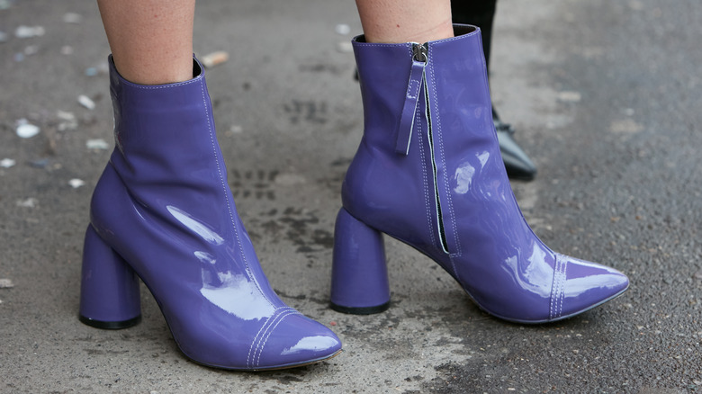 Blue patent leather ankle booties