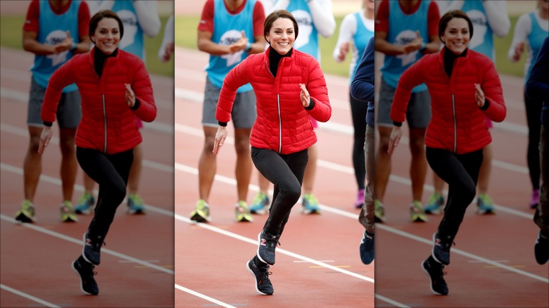 Kate Middleton in black leggings, red jacket