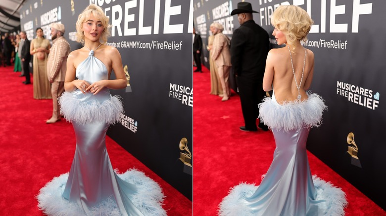 Sabrina Carpenter in a blue silk and feathered dress at the Grammys