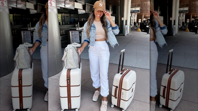 Tan baseball cap white sweatpants 