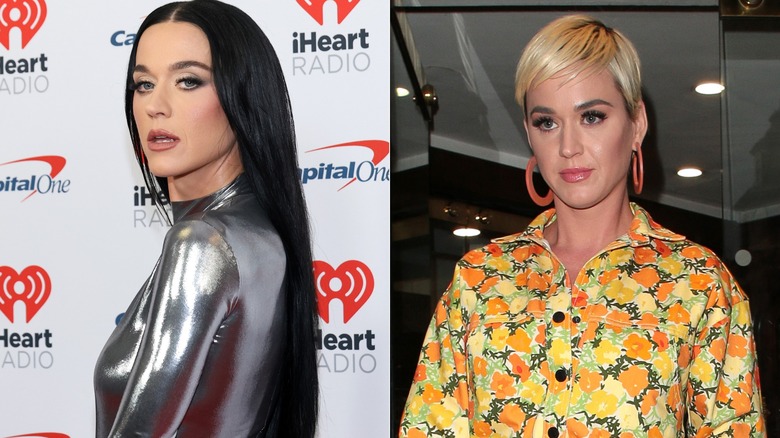 Katy Perry with long black hair and a blond pixie