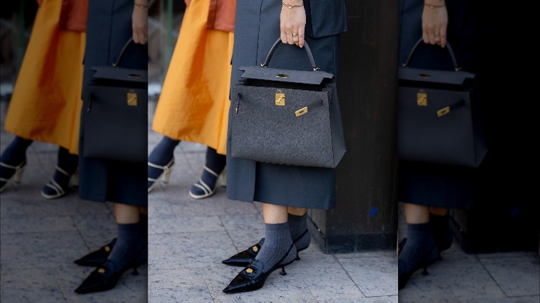 gray socks, bag, skirt