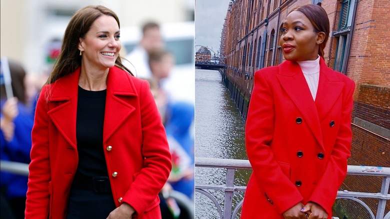 Kate Middleton and model wearing red coats