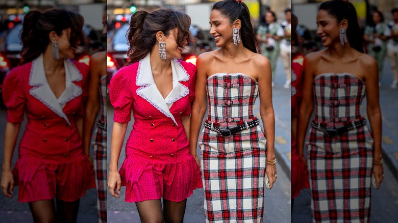 Woman wearing red and white plaid evening dress