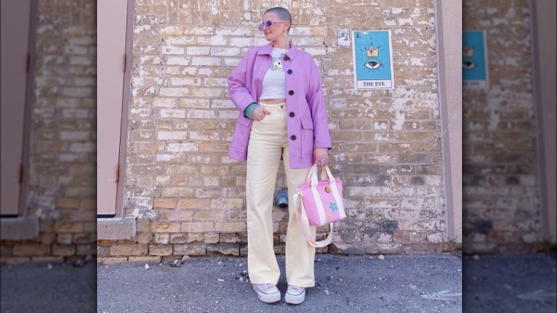 Woman wearing lavender and yellow