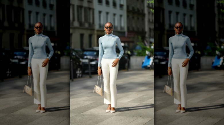 woman in powder blue top