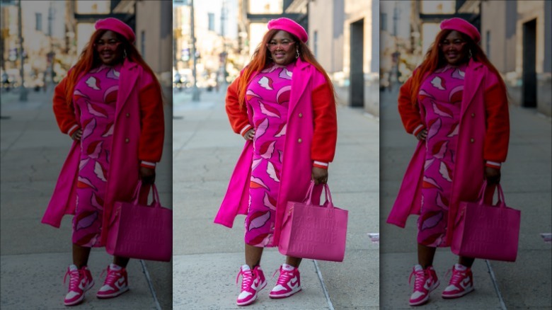 woman wearing pink printed outfit 