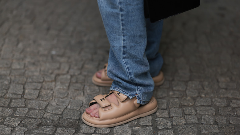 Closeup of beige chunky sandals