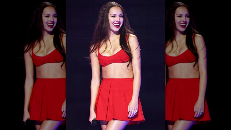 Olivia Rodrigo red bra top and skirt 