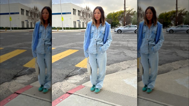 woman in blue denim outfit