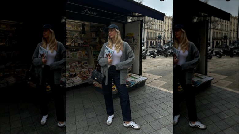 woman wearing casual outfit with white sneakers