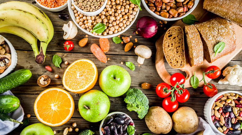 Fruits and whole grains on table