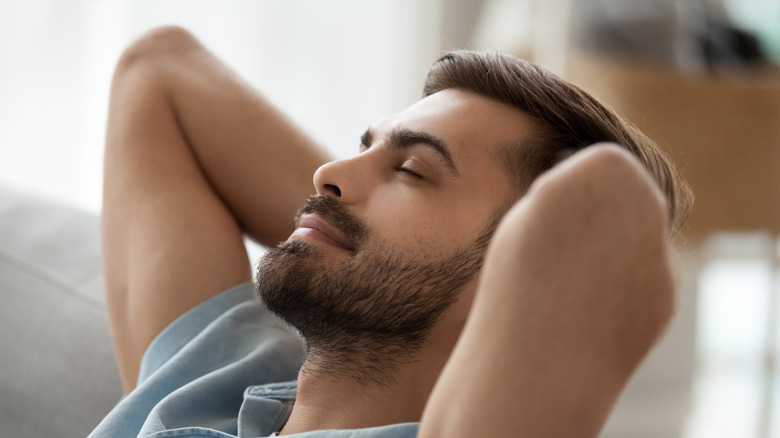 Smiling bearded man relaxing indoors