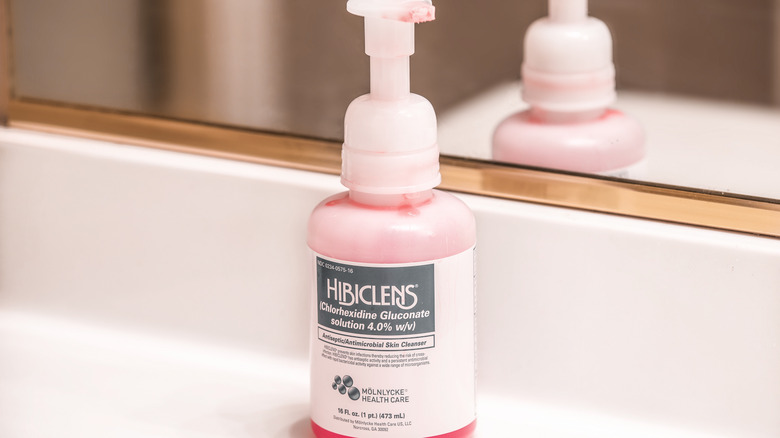 Hibiclens soap sitting atop bathroom counter