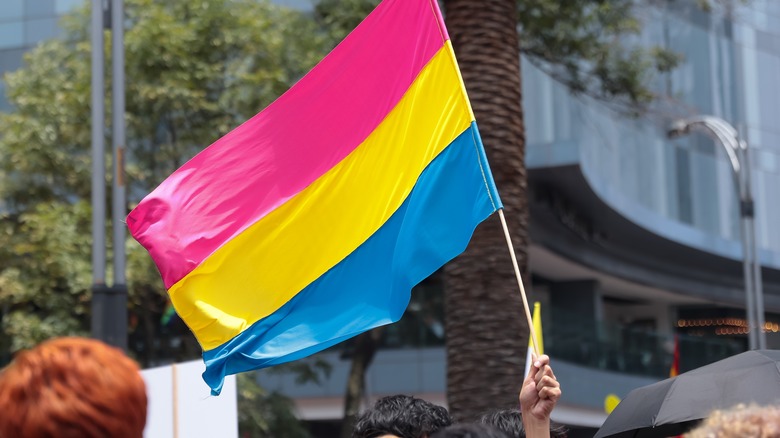 Person waving pansexual pride flag