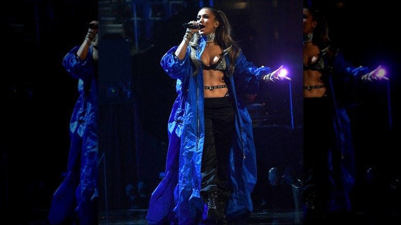 Jennifer Lopez performing in blue coat