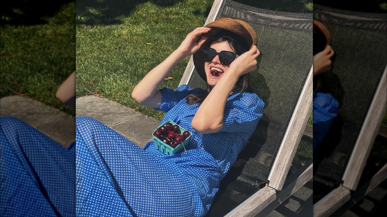 Alexandra Daddario in a polka-dot dress