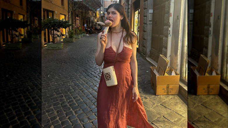 Alexandra Daddario in a terracotta dress 