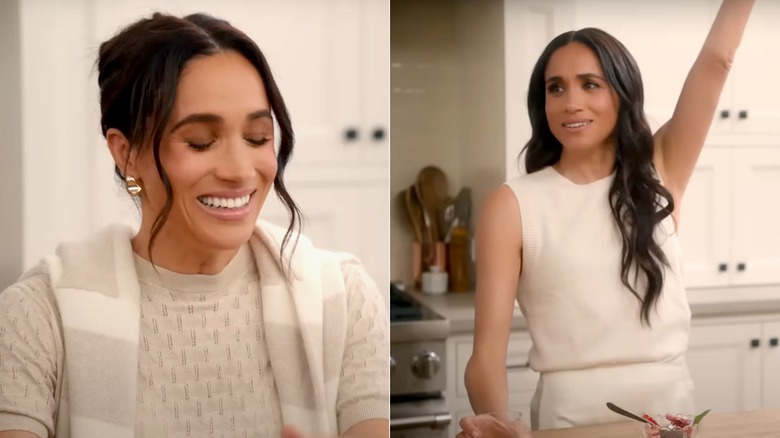 Side-by-side of Meghan Markle wearing a beige sweater and white dress on "With Love, Meghan."