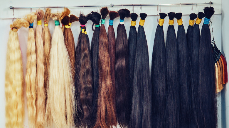 Ponytails of hair with various curl types