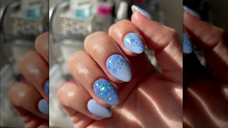 Splotchy glitter baby blue nails