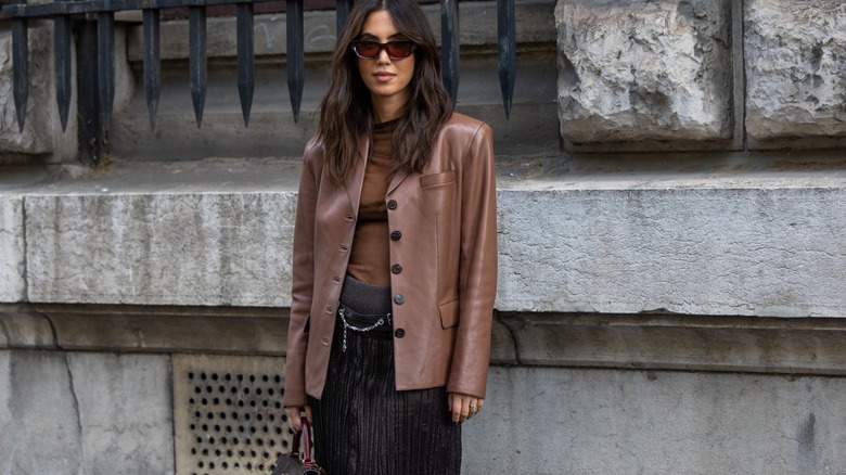 woman wearing leather blazer