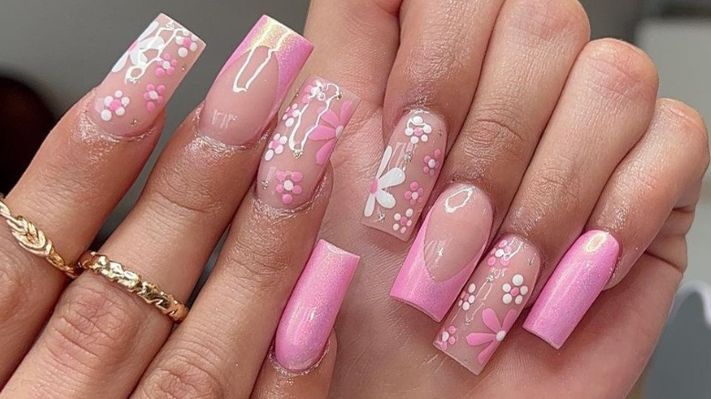 pink floral and french manicure