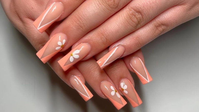 peach floral manicure