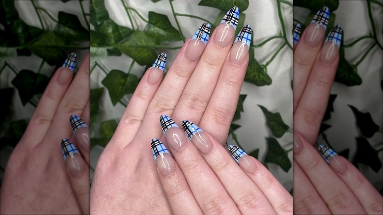 Blue plaid nail art