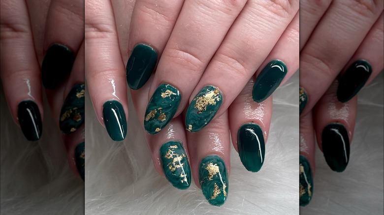 Green and golden nail art