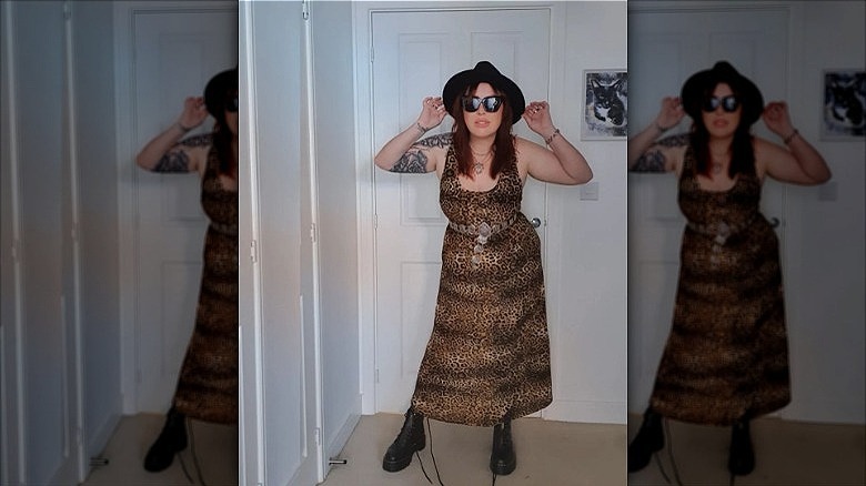 woman wearing animal print maxidress