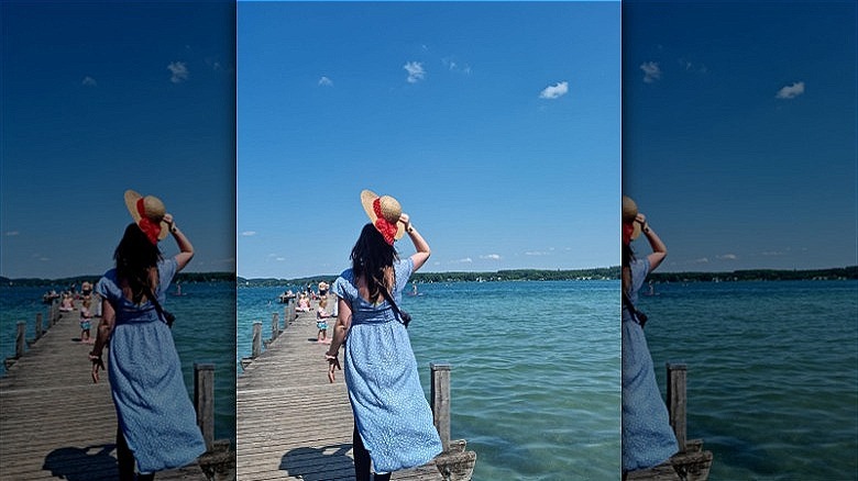 woman wearing blue maxidress sun hat