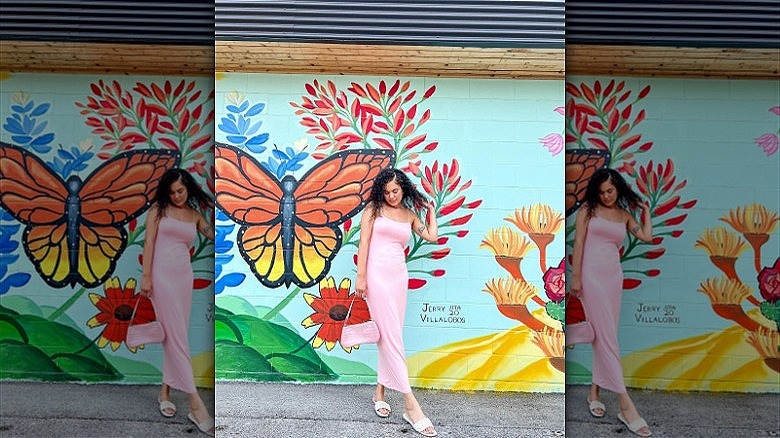 woman wearing pastel pink maxidress