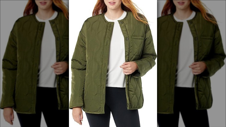 model wearing green quilted jacket