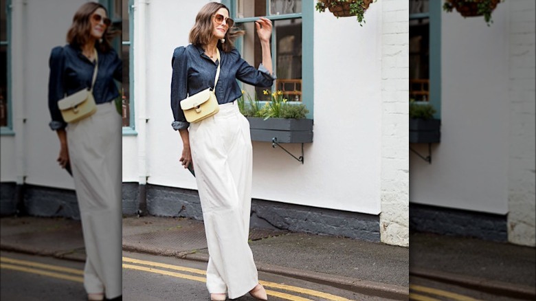 white trousers with chambray blouse 